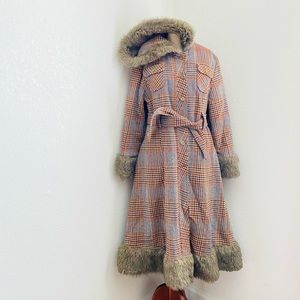 Vintage 50s 60s  M/L Houndstooth Wool Faux Fur Collar Tweed Hooded Coat Jacket